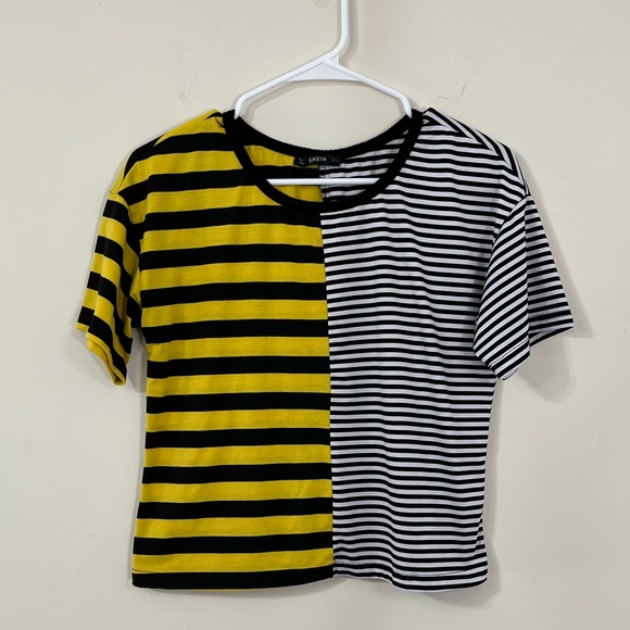 SHEIN Tops - Shein Print Colorblock Strip Black Yellow Short Sleeve Tee